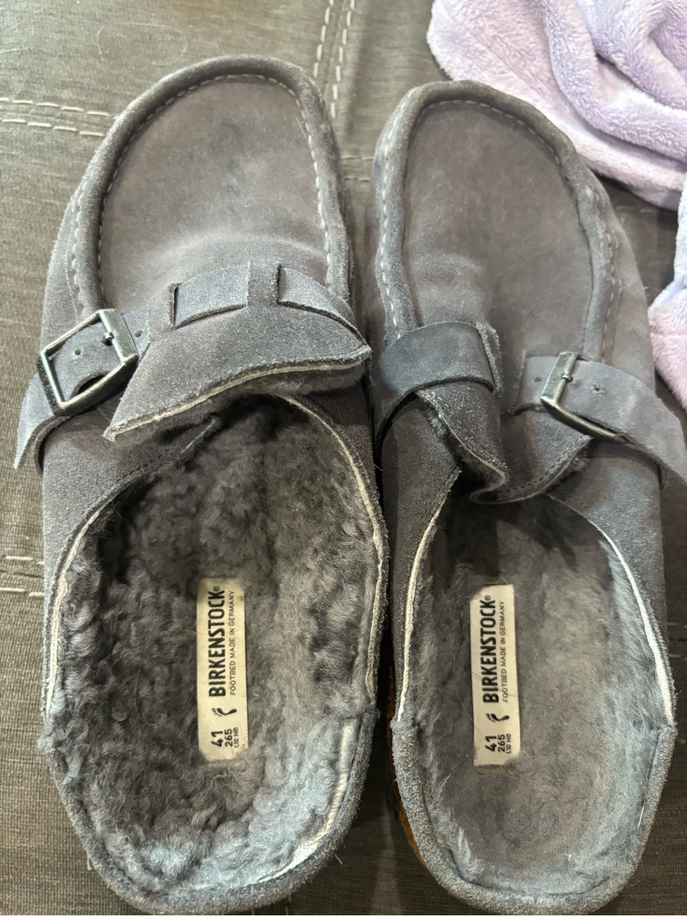 Birkenstock women’s Grey Suede Shearling-Lined Clogs